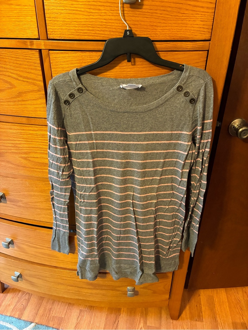 Motherhood Maternity Gray Sweater with Pink Stripes and Button-Shoulder Detail